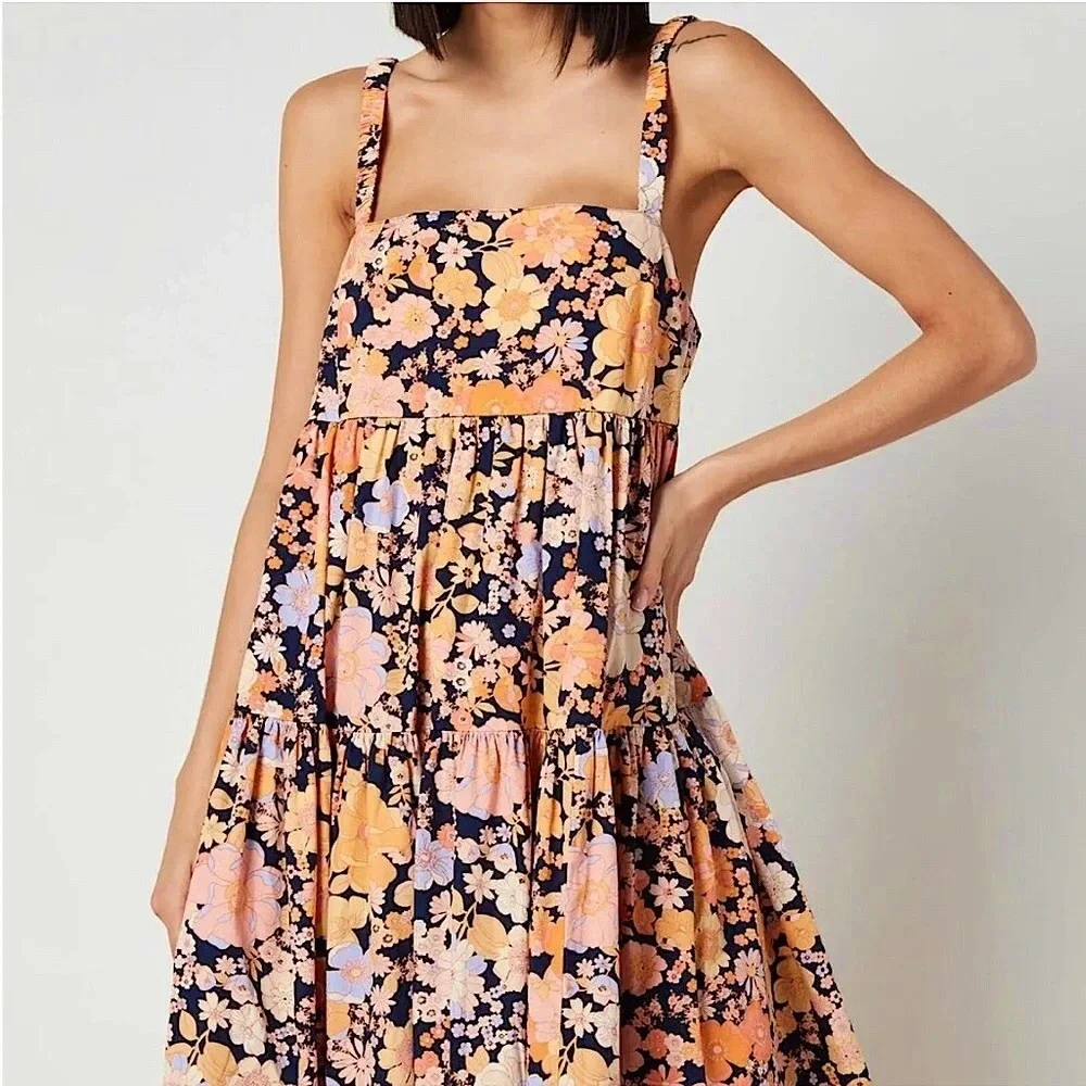 Free People Park Slope Floral Cotton Maxi Dress Navy Combo M Summer Vacation